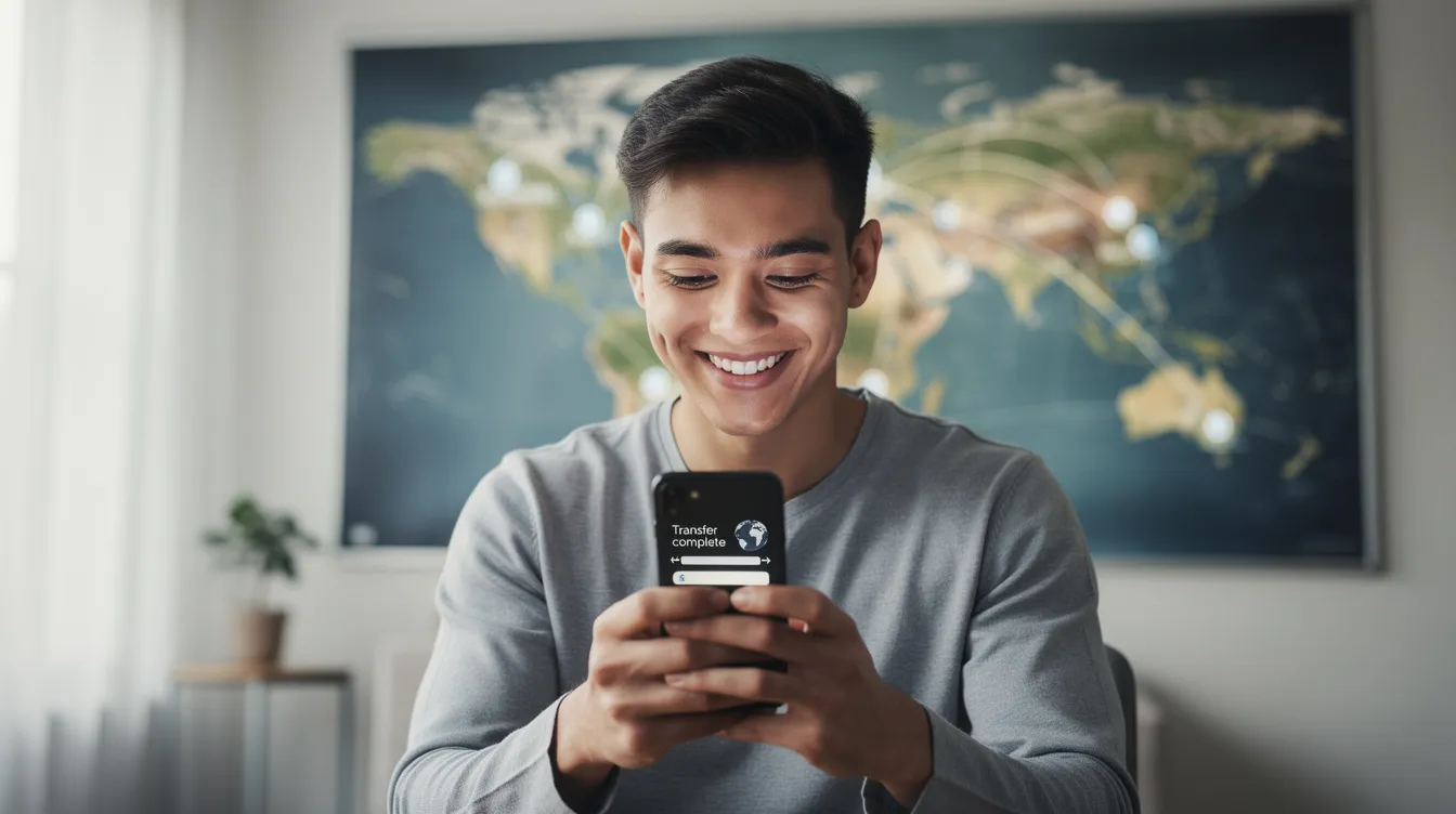 A person is smiling while using a money transfer app on their phone, with a world map in the background, suggesting the ease of making online payments and transferring money globally. The scene highlights the convenience of digital wallets like Neteller and Skrill for managing funds and making bank transfers.
