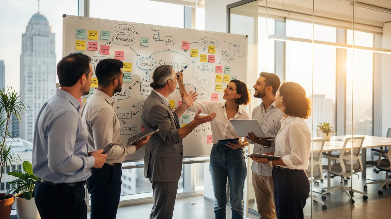 The image depicts a diverse team collaborating around a large whiteboard filled with colorful sticky notes and strategic diagrams in a modern office environment, illustrating the dynamic process of developing a successful brand launch strategy. This teamwork emphasizes the importance of internal alignment and effective communication in crafting a brand identity that resonates with the target audience.