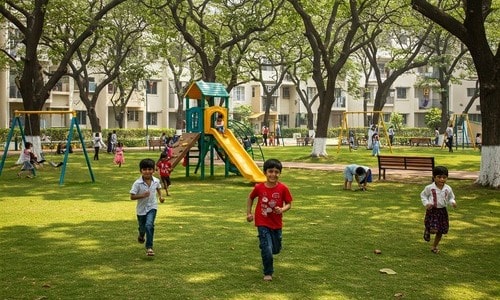 Green residential park in Wagholi Pune with kids playing and landscaped gardens