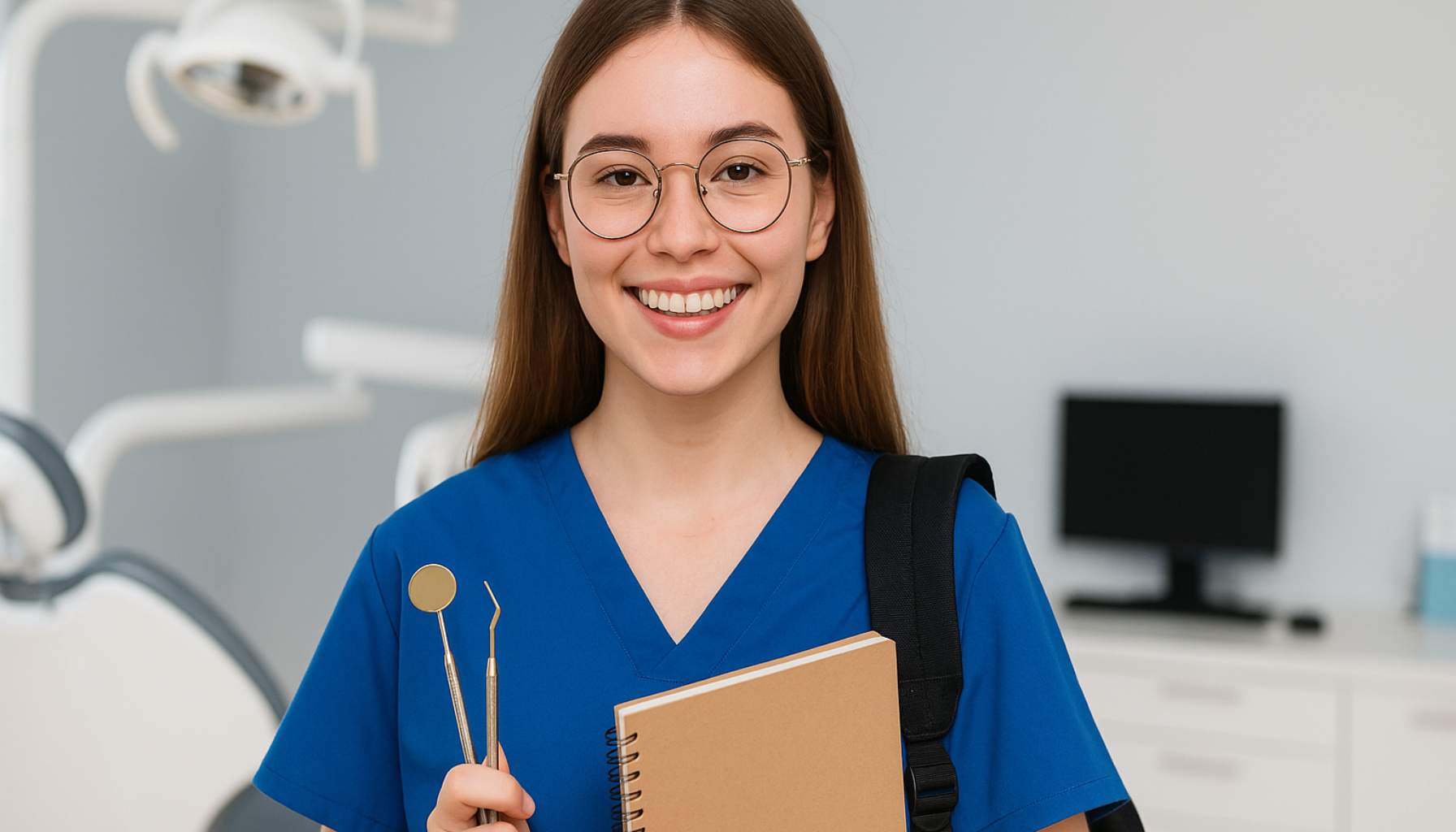 Smilende tannlegestudent i moderne klinikk holder notatbok og tannlegeverktøy, klar for behandling og læring.
