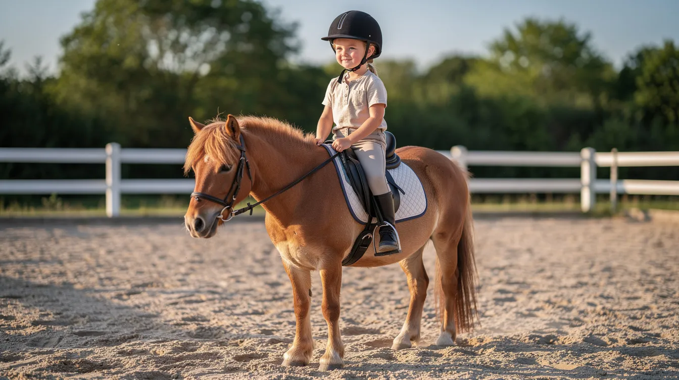 A young child wearing a riding helmet sits confidently on a calm pony in a sunny arena surrounded by white fencing, embodying the joy of early horse riding lessons. This welcoming environment is ideal for young riders to start developing basic riding skills and building trust and communication with their equine companions.