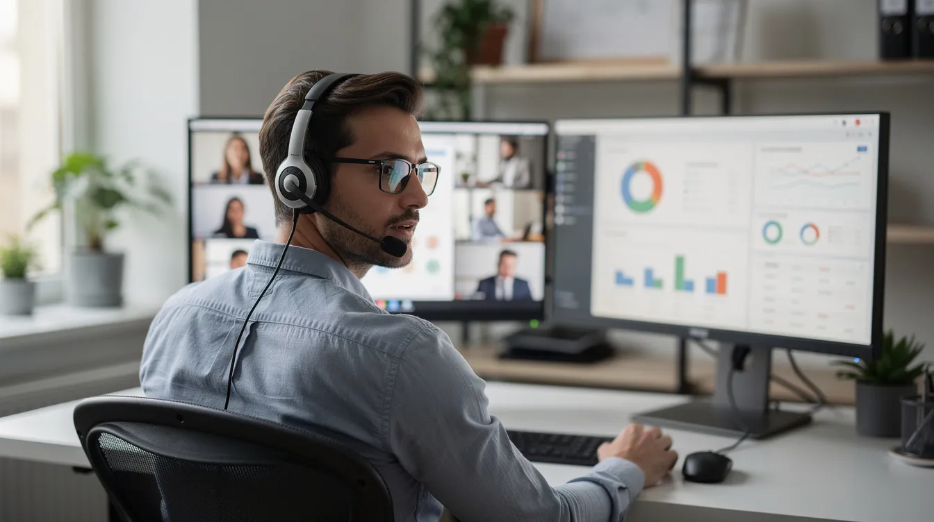 A sales professional is engaged in a video call, wearing a headset and surrounded by dual monitors displaying customer data and sales performance metrics. This setup enhances their ability to manage the entire sales process effectively, utilizing the best sales tools for productive customer interactions and streamlined sales efforts.