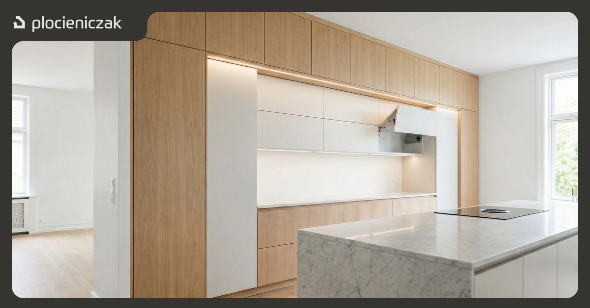 Kuchnia z zabudową do sufitu – dolny rząd szafek otwieranych do góry, górny rząd z tradycyjnym otwieraniem