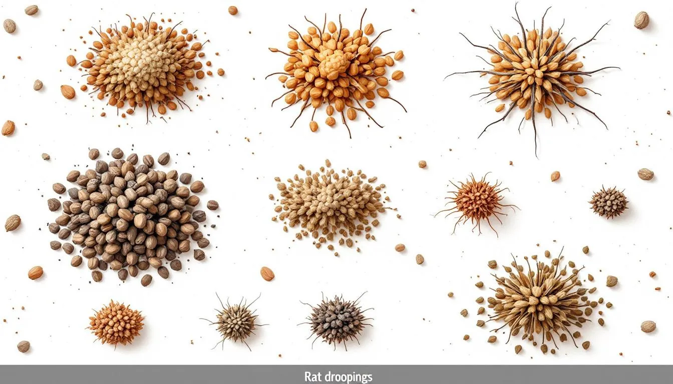 An illustration of various types of rat droppings found in a home environment.