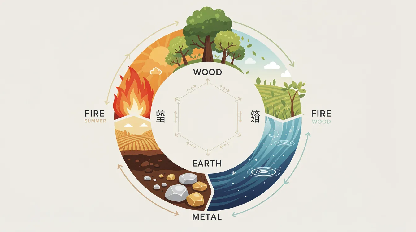 The image features a circular diagram illustrating the five elements theory in Chinese philosophy, with natural imagery representing each element: wood, fire, earth, metal, and water. Each section blends beautifully with elements of nature, reflecting the interconnectedness of these fundamental elements in Chinese astrology and medicine.
