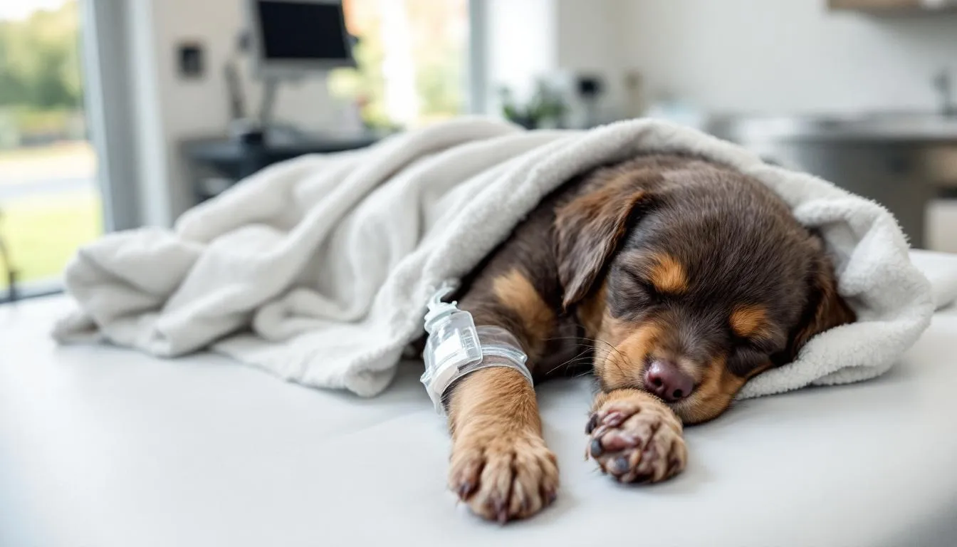 A young puppy is receiving IV fluid therapy at a veterinary clinic, indicating a need for supportive care due to severe dehydration from a parvovirus infection. The scene highlights the importance of veterinary medicine in treating infected dogs, especially those with weakened immune systems.