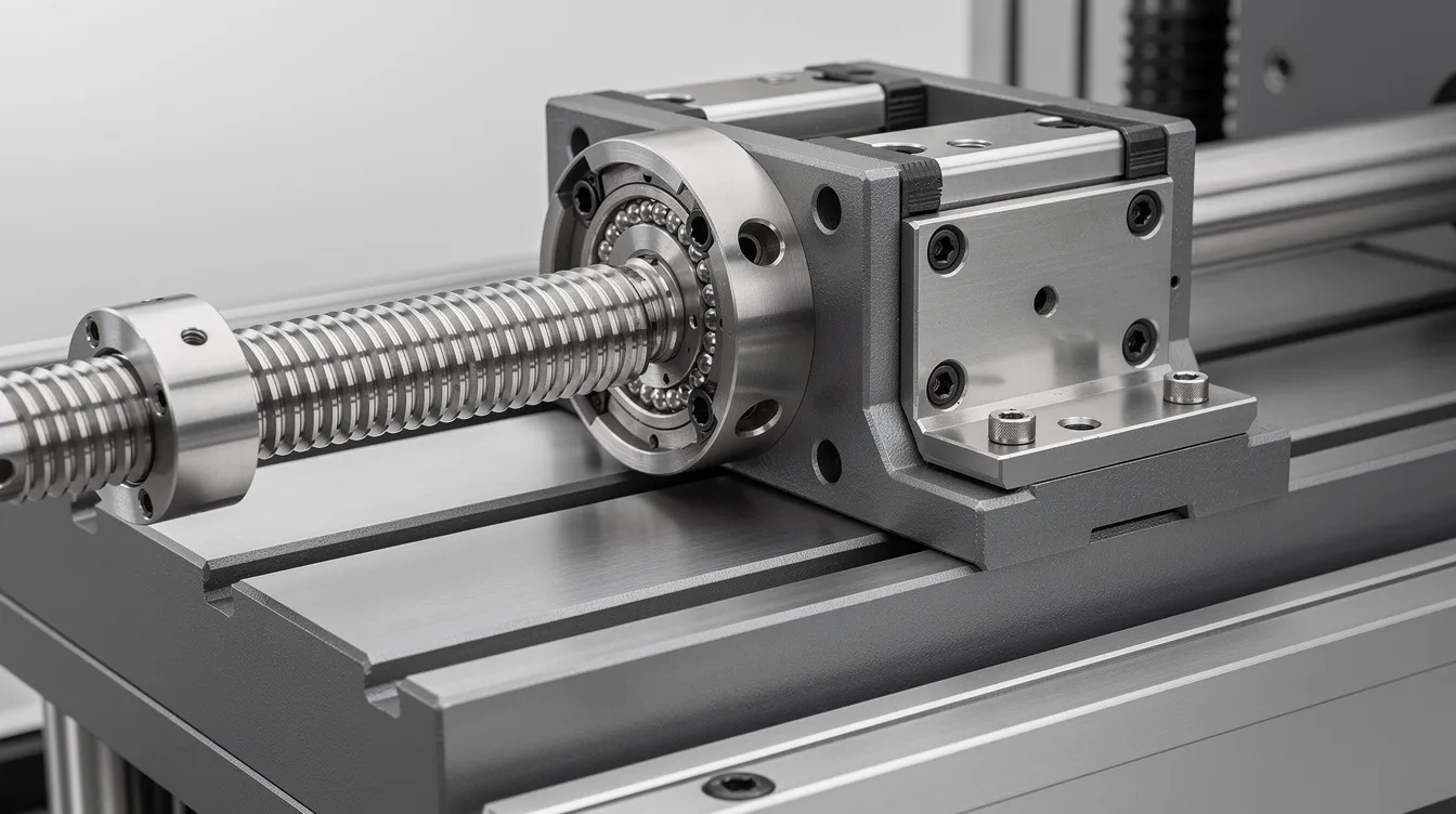 The image depicts a CNC machine featuring a ball screw assembly and a linear guide rail securely mounted on the machine bed, showcasing the recirculating ball nut and precision-ground shaft, essential components for achieving precise positioning and smooth movement during machining operations. The setup highlights the critical parts that contribute to the machine's performance and accuracy in executing complex jobs.