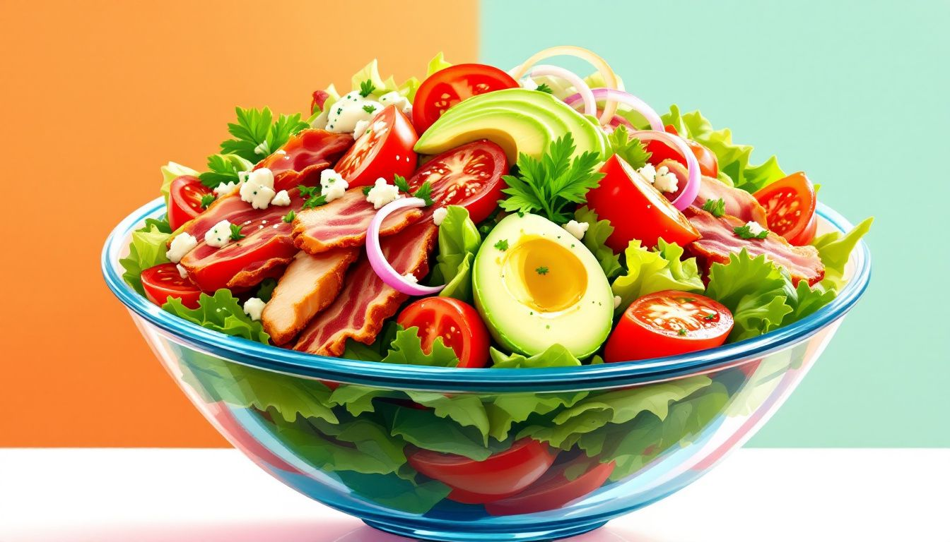 Essential ingredients for a classic cobb salad including fresh vegetables and proteins.