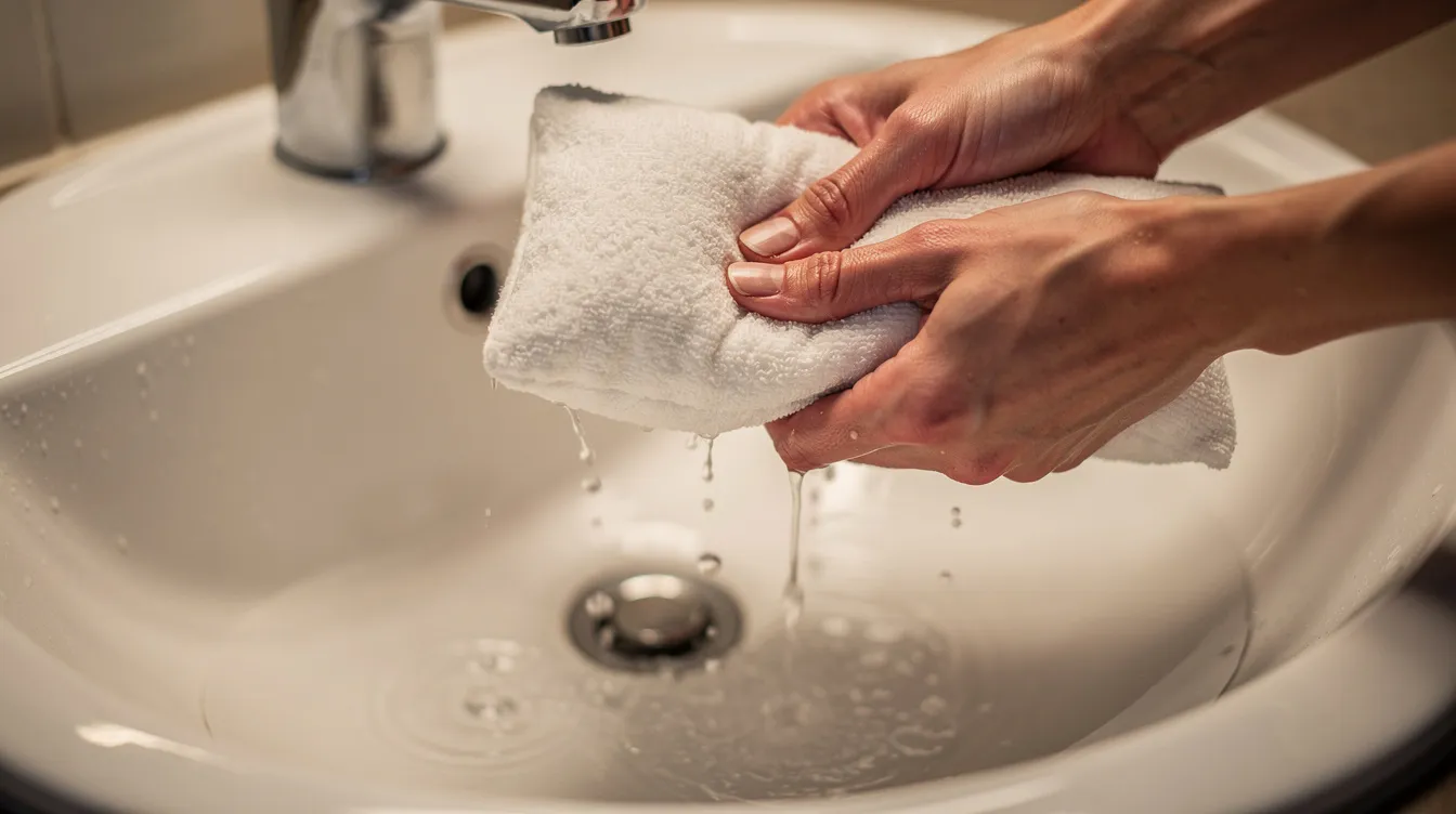 A pair of hands is gently squeezing excess water from a small memory foam neck pillow over a bathroom sink, ensuring the pillow stays fresh and hygienic. The scene emphasizes the importance of using a mild detergent and proper care techniques to maintain the pillow's shape and support.