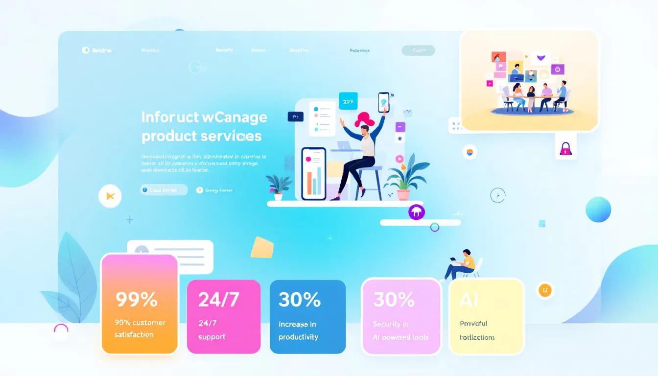 An illustration of a product showcase page highlighting various services and announcements.
