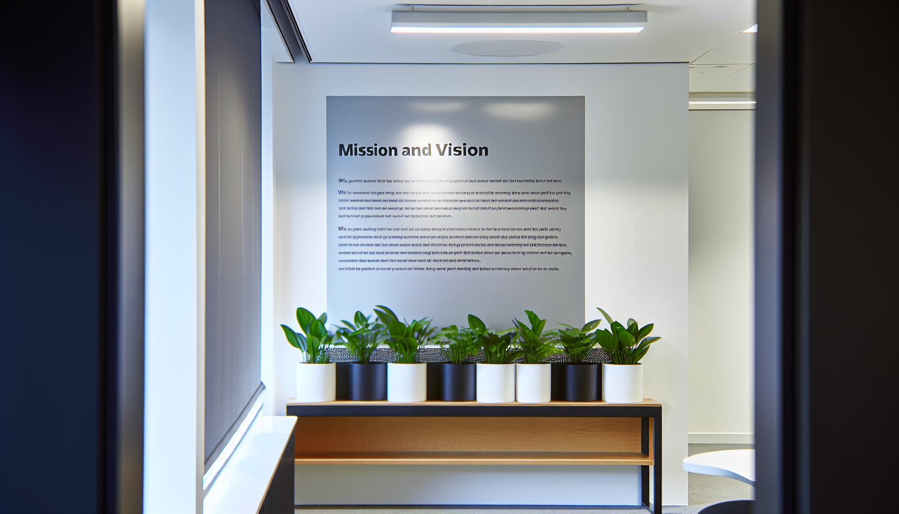 An image of a company's mission and vision statement displayed on a wall, illustrating the importance of articulating these values in the employee handbook.