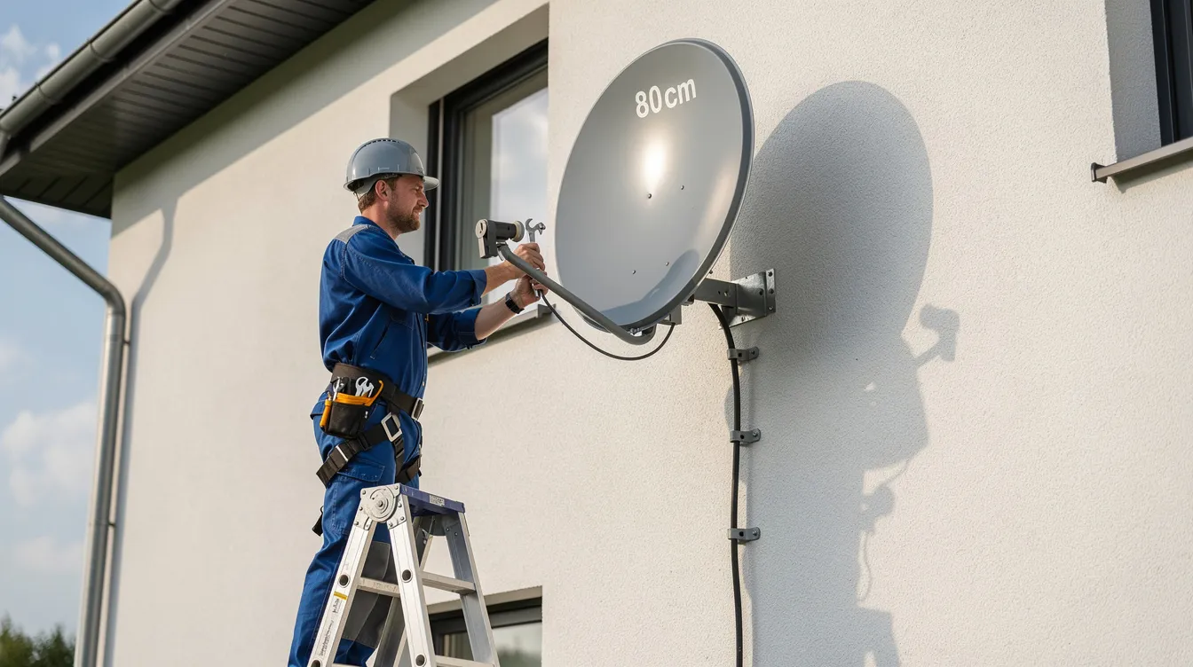 A technician is skillfully mounting an 80cm satellite dish on a wall bracket at a residential property, ensuring a reliable setup for DSTV installations. The professional service highlights the importance of quality installation for optimal signal reception and access to various channels.