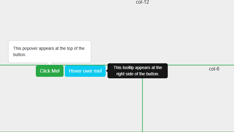 This image demonstrates Bootstrap's popover and tooltip components. It shows two buttons: one for displaying a popover on click and another for displaying a tooltip on hover.