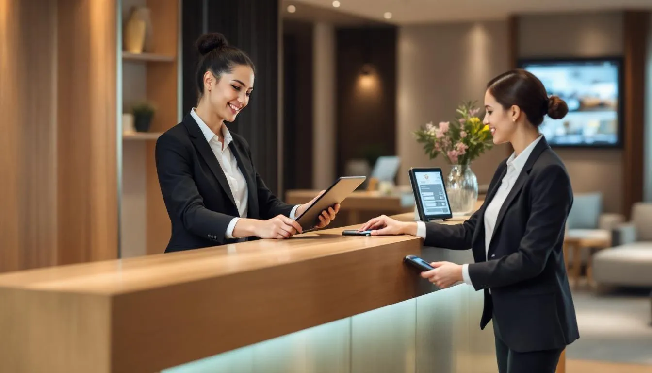 A modern hotel reception desk features a staff member efficiently processing a guest's payment using a payment terminal, highlighting the seamless payment experience with various options like credit and debit cards, ensuring secure transactions. The setup reflects the integration of hotel payment systems aimed at enhancing guest satisfaction and managing payment processing smoothly.