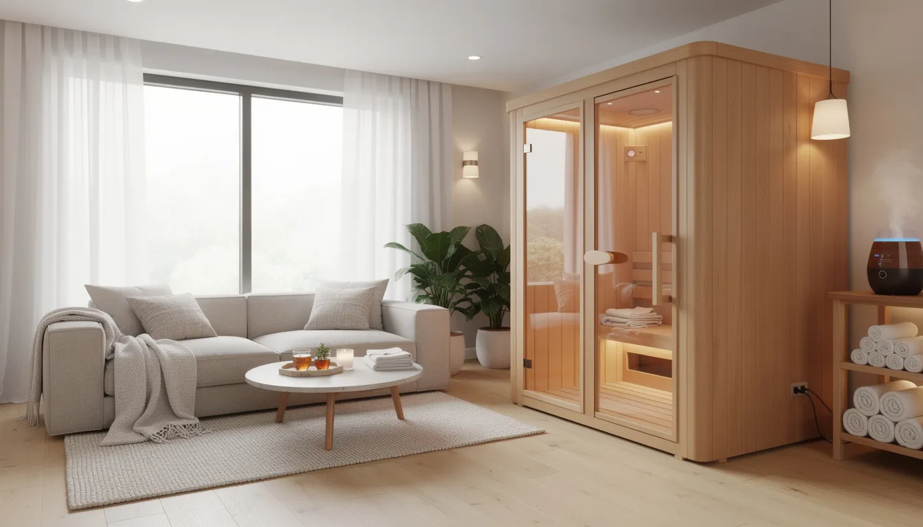 The image depicts a modern home wellness room featuring a wooden infrared sauna cabin and a cozy seating area, designed for relaxation and recovery. This space highlights the benefits of infrared sauna therapy, promoting muscle recovery and overall well-being through the use of infrared heat and light.