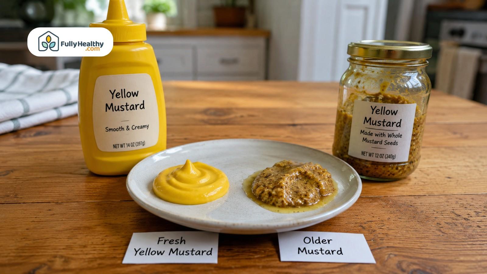 Fresh yellow mustard compared with older mustard on white plate