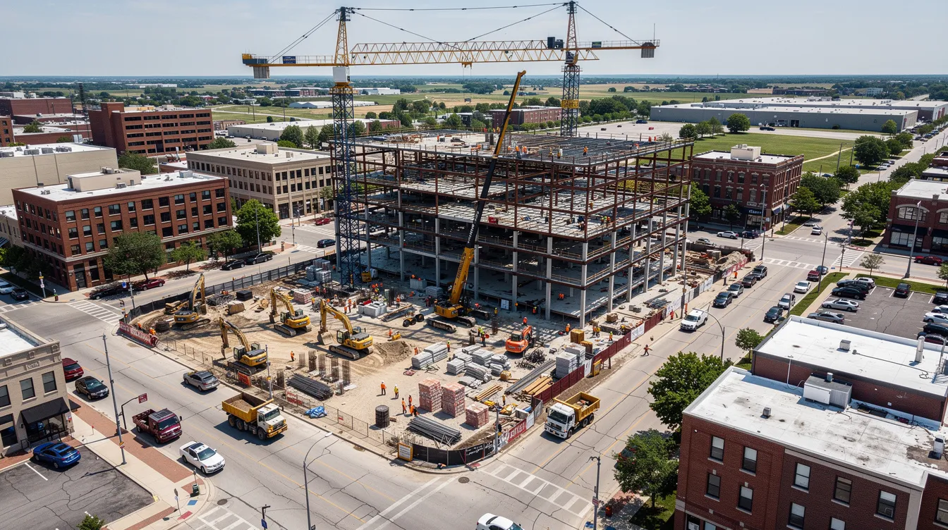 An aerial view captures a bustling construction site in a midwestern urban area, showcasing various construction professionals and teams collaborating on the project. The image highlights the complexity of the construction industry as workers manage materials and execute tasks to meet project goals efficiently.