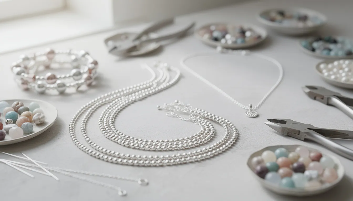 The image showcases a variety of sterling silver beading chains adorned with colorful beads, highlighting their versatility for jewellery making. These chains, available in different lengths and styles, are perfect for creating unique necklaces and bracelets, making them an essential addition to any jewellery collection.