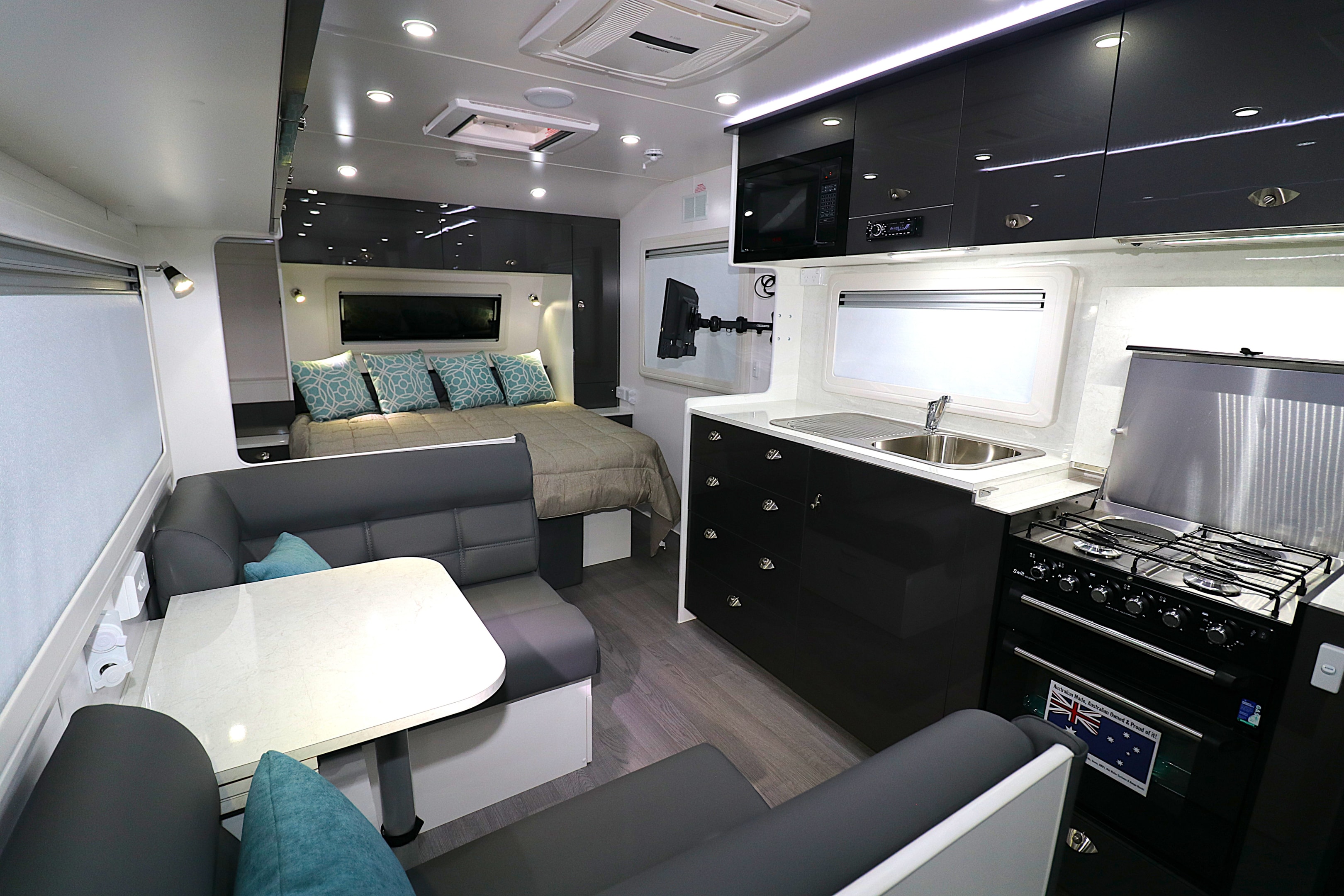 The recessed stove and sleek design extend the bench space in the inclusive kitchen.