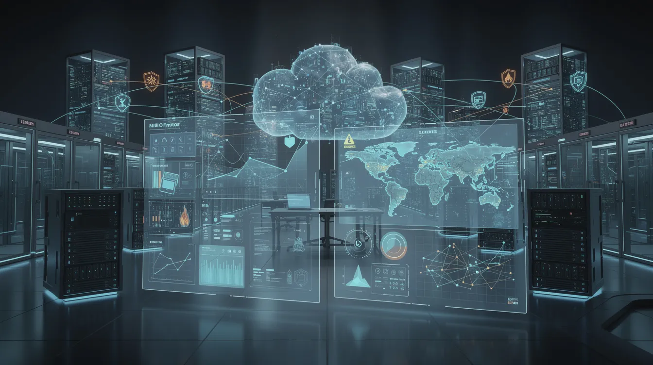 An illustration depicting a futuristic cloud infrastructure security environment, featuring interconnected cloud data centers and corporate systems, with monitoring dashboards analyzing network traffic and detecting threats. The scene is illuminated with blue neon lighting, emphasizing the importance of robust cloud security solutions and continuous monitoring in protecting sensitive data within cloud computing environments.