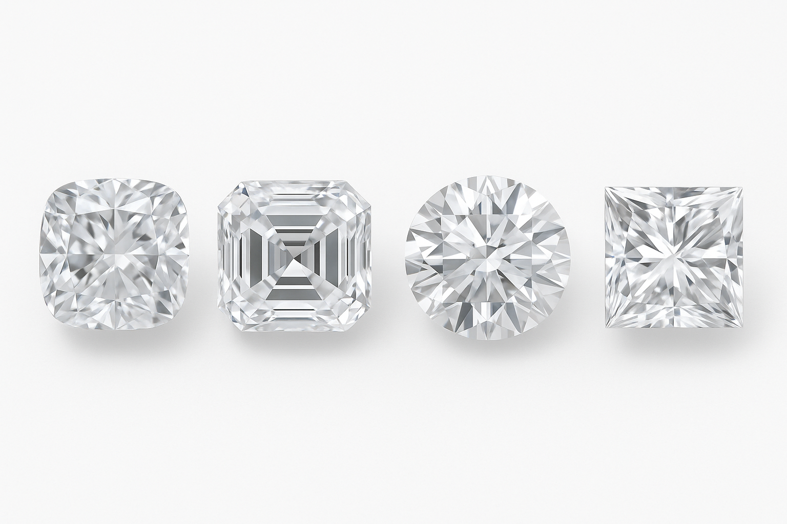 Keturių skirtingų formų deimantai – Cushion, Asscher, Round Brilliant ir Princess – išdėstyti vienoje eilėje ant balto fono, aiškiai matomos skirtingos briaunavimo detalės