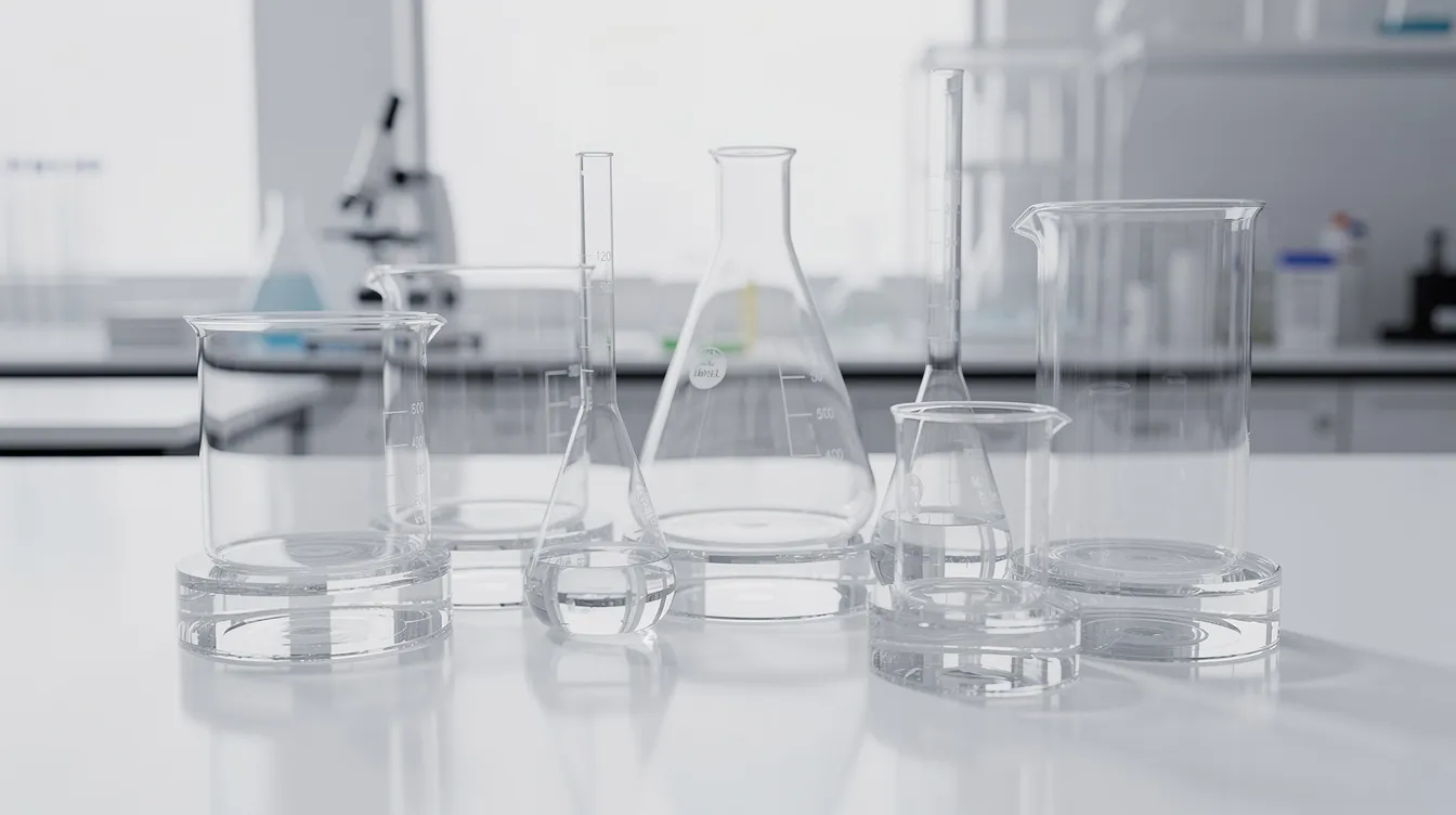 Na obrazie widoczne są szklane naczynia laboratoryjne, w których znajdują się różne bazy do mieszania e-liquidów. Naczynia te są idealne do przygotowywania aromatycznych doświadczeń związanych z autentycznymi cygarami kubańskimi, takimi jak "liqua cuban cigar longfill 10ml".