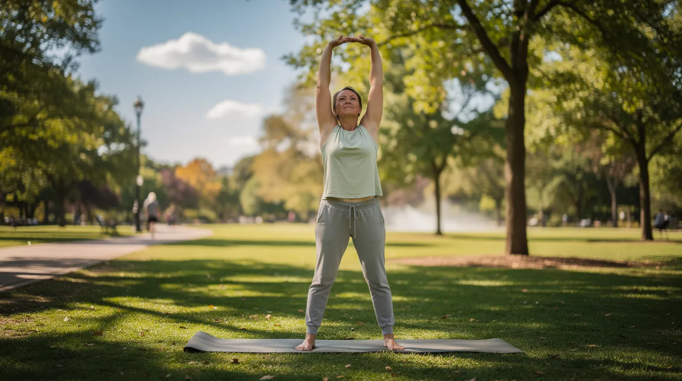 A person is gently stretching in a sunny park, surrounded by greenery, promoting light exercise and supporting their overall health during their recovery journey. This serene setting encourages gentle movement, which can be beneficial for tummy tuck patients as they navigate their recovery timeline.