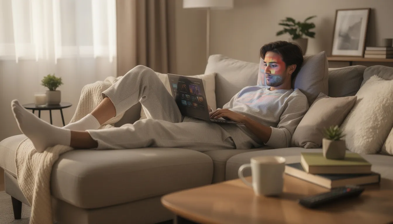 En person sitter avslappnat hemma med en laptop, där de njuter av onlineunderhållning som casinospel. I bakgrunden kan man ana en mysig inredning, vilket skapar en perfekt atmosfär för att spela på exempelvis Lucky Vegas Casino.