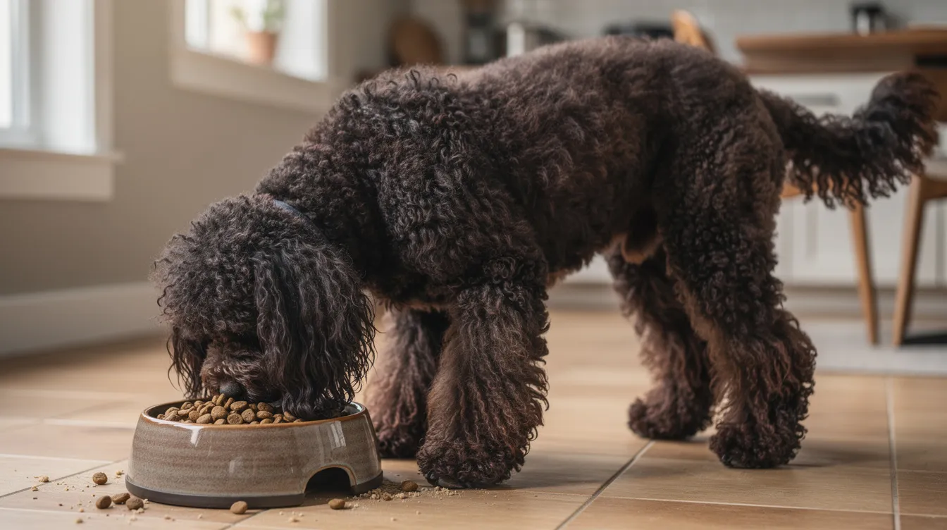 A medium-sized Barbet with a curly coat is happily eating high-quality kibble from a dog bowl, showcasing its calm nature and distinctive beard. This active and intelligent breed, recognized by the American Kennel Club, is known for its hunting skills and love for water activities.