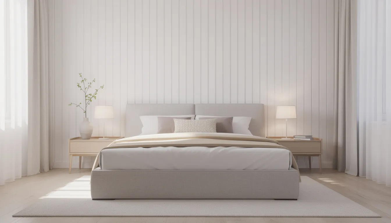 Een lichte slaapkamer met witte wandpanelen achter een gestoffeerd bed in neutrale tinten, waardoor de ruimte een frisse en moderne uitstraling heeft. De nette afwerking van de panelen zorgt voor een naadloze overgang en een professioneel resultaat.