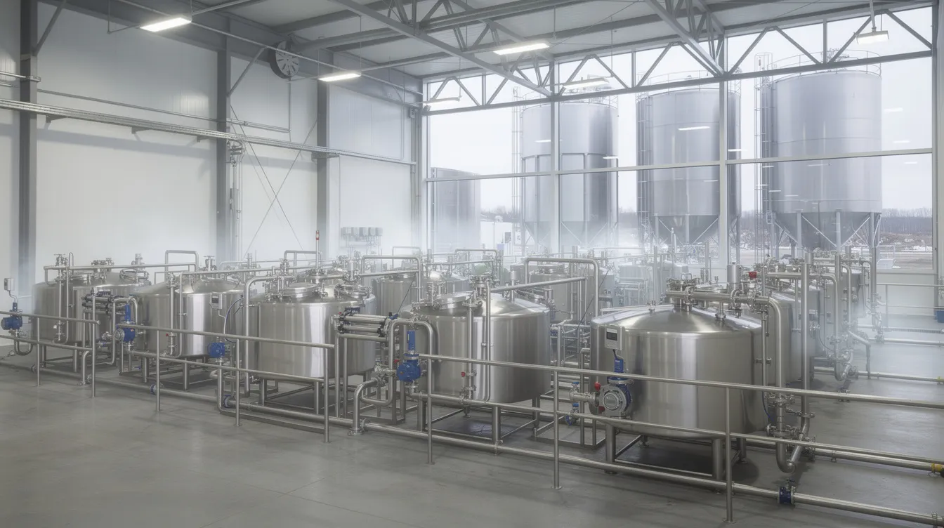 bb1c7658 9791 4687 9782 294ac1b2ae55 The image depicts a large industrial dairy processing facility featuring stainless steel equipment and storage silos, highlighting the infrastructure essential for milk powder manufacturing. This advanced plant plays a crucial role in the global milk powder industry, supporting dairy processing and the production of various dairy products.