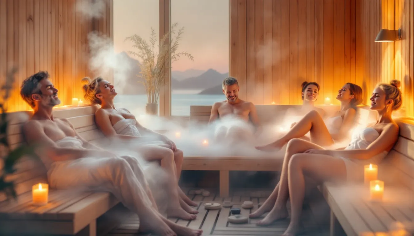 Individuals experiencing hormonal benefits of regular sauna use in a relaxing sauna environment.