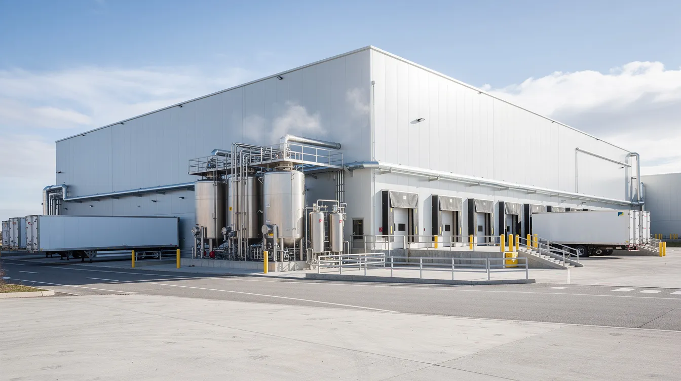 bb1db7e1 7749 42e8 8a32 651c9b19a669 The image shows the exterior of a modern aseptic dairy processing plant, featuring loading docks and a utility area. This facility is designed for efficient processing and packaging of dairy products, ensuring food safety and extended shelf life through advanced aseptic technology.