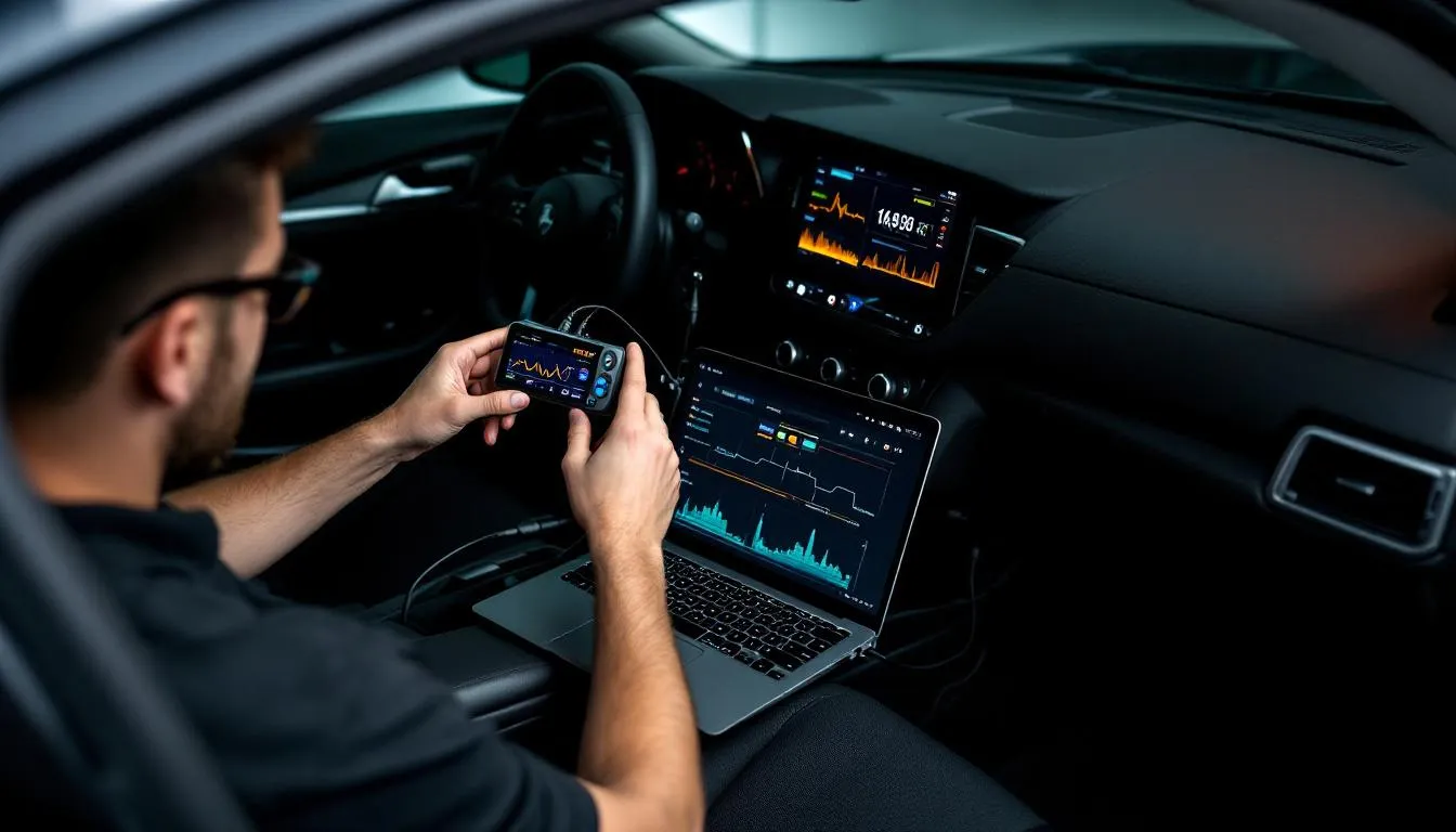 The image showcases professional audio tuning equipment being used in a car, highlighting the vehicle's audio system as it undergoes an upgrade for superior performance. The setup aims to enhance sound quality, producing powerful bass and clear music for an elevated driving experience.