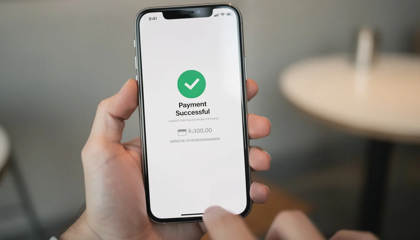 A person is holding a smartphone displaying a payment confirmation screen, indicating a successful transaction for a mobile casino deposit. This image highlights the convenience of paying by mobile phone bill for online casino games.