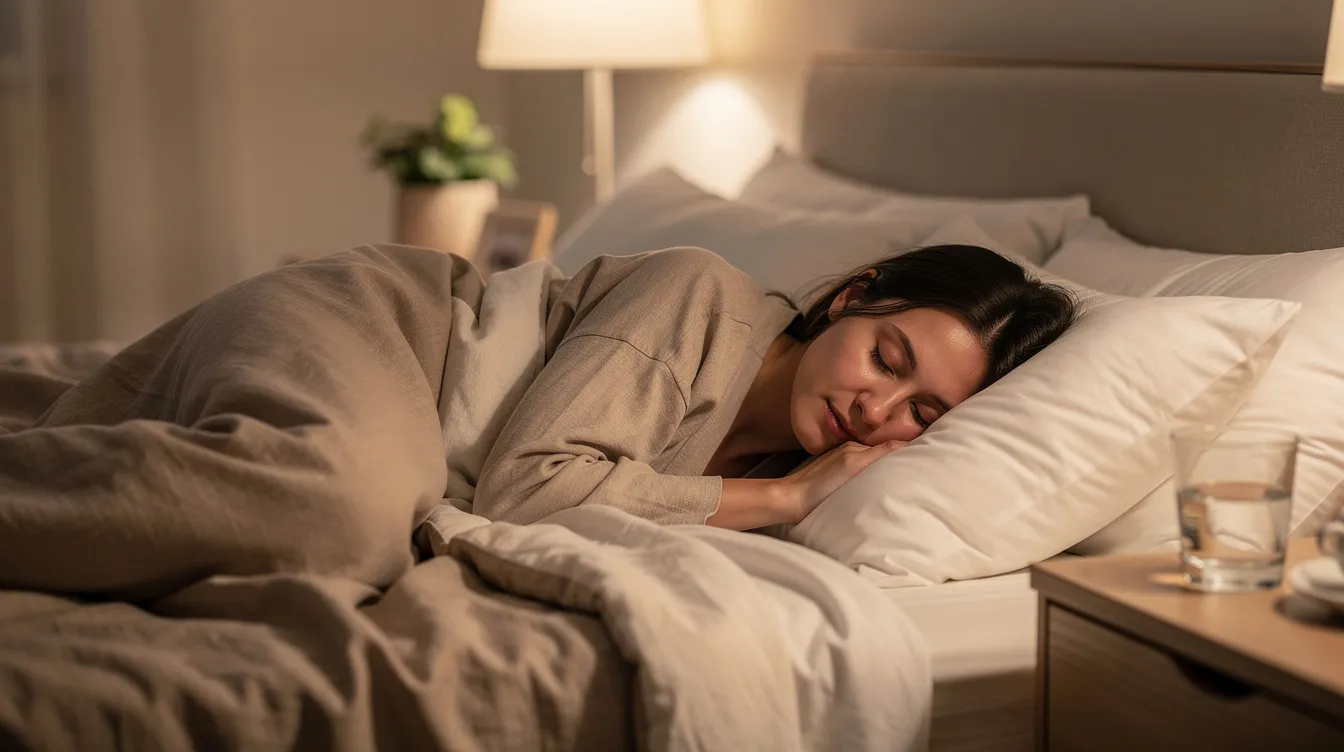 A person is peacefully sleeping on their side in a cozy bedroom, surrounded by soft bedding and warm lighting, which promotes good sleep quality. This restful position can help manage sleep apnea symptoms, particularly for those with positional sleep apnea.
