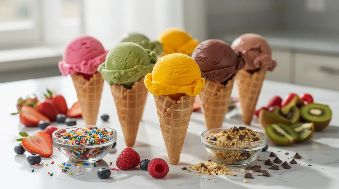 The image features colorful scoops of homemade ice cream in waffle cones, beautifully arranged on a marble countertop. Surrounding the cones are fresh fruits and sprinkles, creating a vibrant display of frozen treats perfect for ice cream lovers.