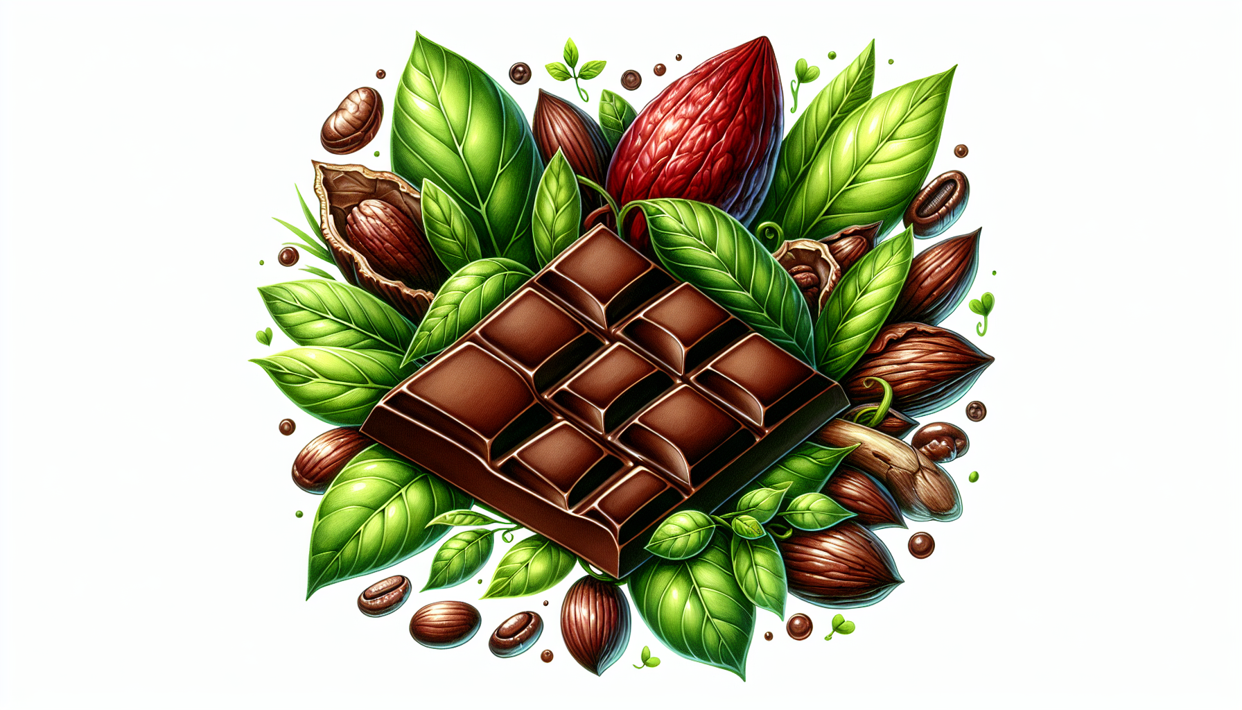 A whimsical illustration of a piece of dark chocolate surrounded by cacao beans and leaves