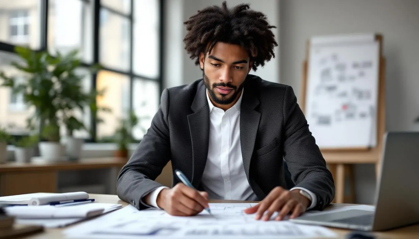 A young, diverse architect is intently reviewing building plans, displaying a confident expression that reflects their commitment to innovation and collaboration in the architecture industry. The scene captures the importance of creating well-designed spaces that enhance the human experience in urban environments.