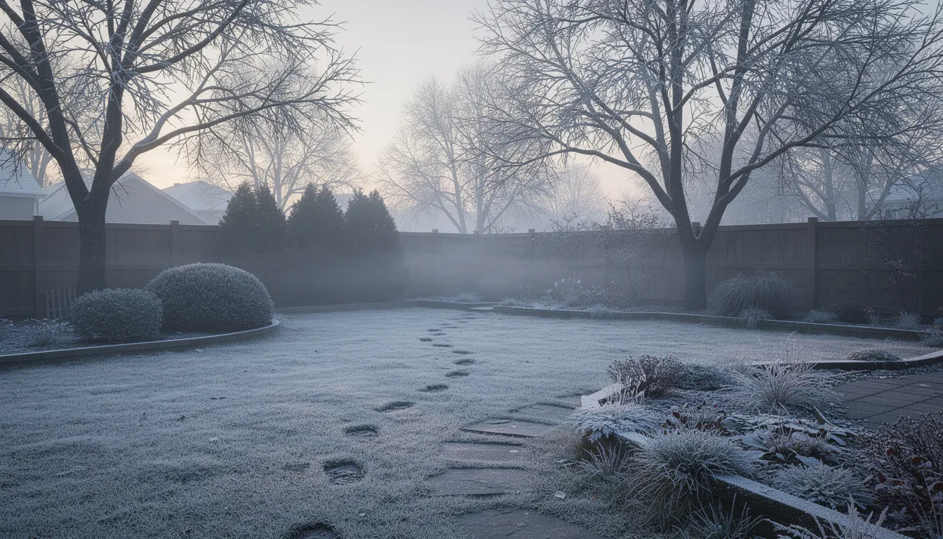 The image depicts a serene winter garden scene featuring bare trees and a dormant lawn lightly covered in frost, indicating the cold weather of the winter months. This tranquil setting serves as a reminder of the importance of winter lawn care, such as applying winter fertiliser to prepare for the upcoming growing season.
