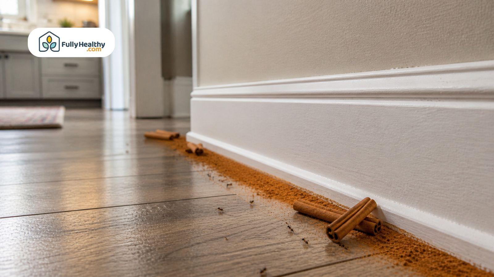 Cinnamon powder and sticks along baseboard blocking ants in home
