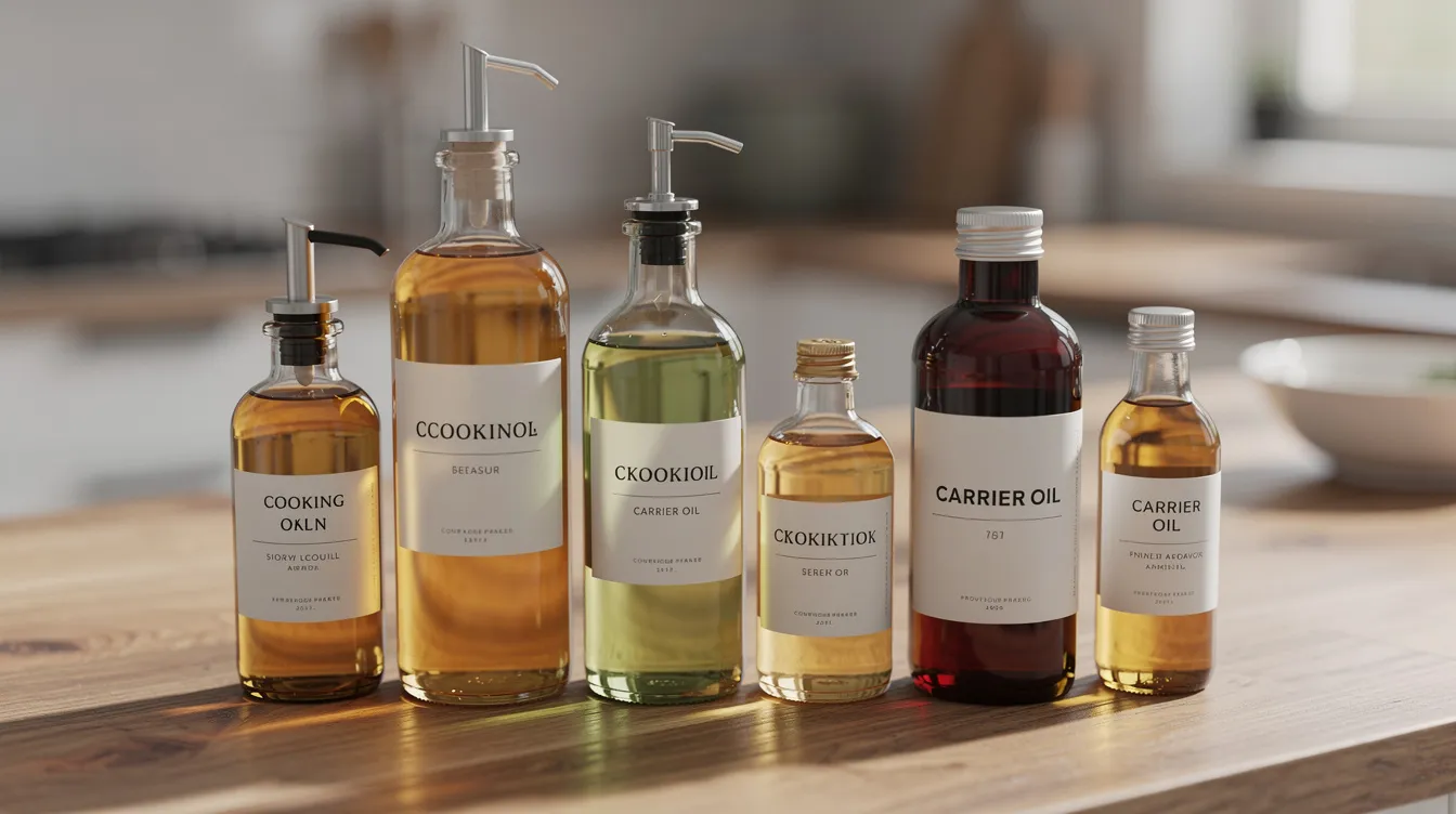 The image features several clear and amber glass bottles of various cooking and carrier oils, including olive oil and coconut oil, neatly arranged on a wooden kitchen counter illuminated by natural light. The display highlights the importance of proper storage conditions for oils, such as keeping them in a cool, dark place to maintain their freshness and prevent any rancid smell or potency loss.