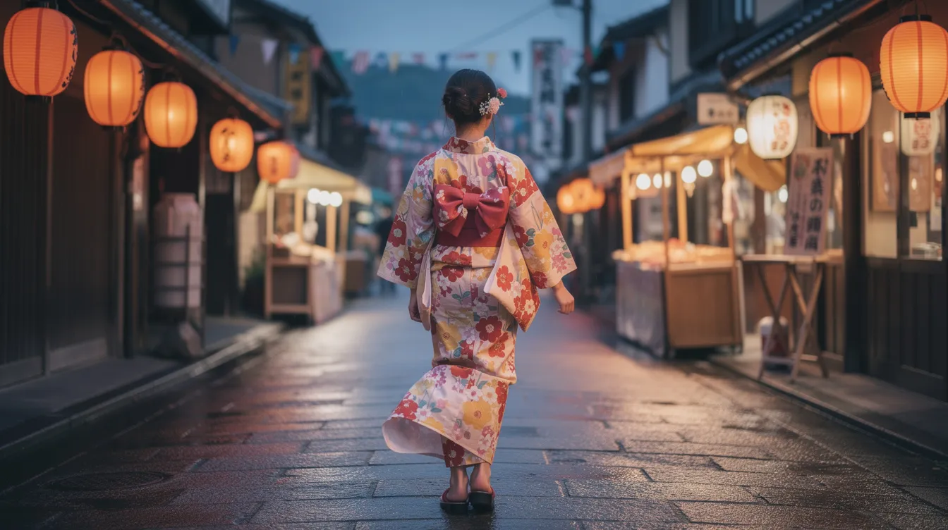 A person wearing a vibrant floral yukata strolls along a lantern-lit street during dusk, embodying the essence of summer in Japan. The yukata, elegantly tied at the waist with an obi, showcases the intricate designs as they walk past charming shops and enjoy the evening atmosphere.