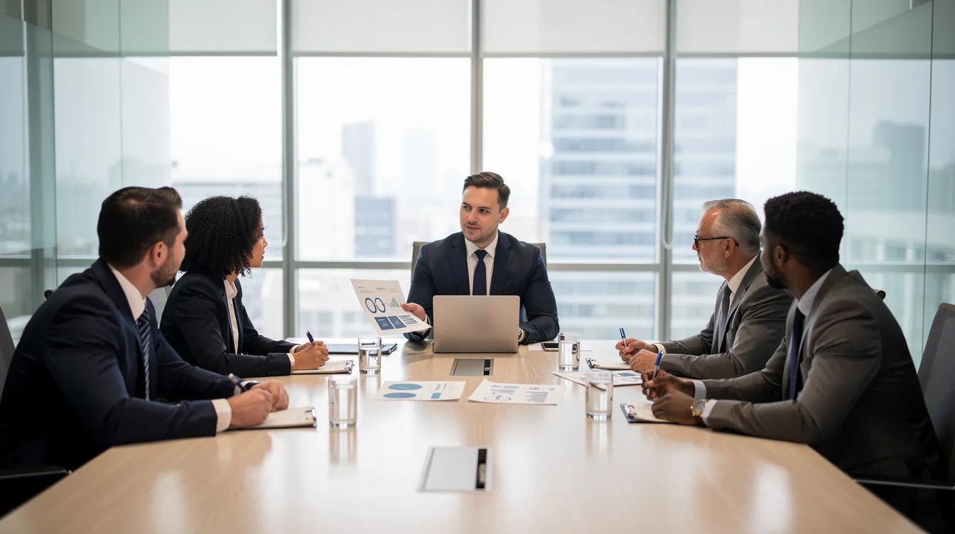 A group of professionals is engaged in a business consultation meeting, discussing various loan products and terms such as 年 利率 and 還款 期. The setting features a conference table with documents outlining 批 核 and 私人 貸款 options, emphasizing the importance of understanding 條款 及 細則 in financial decisions.