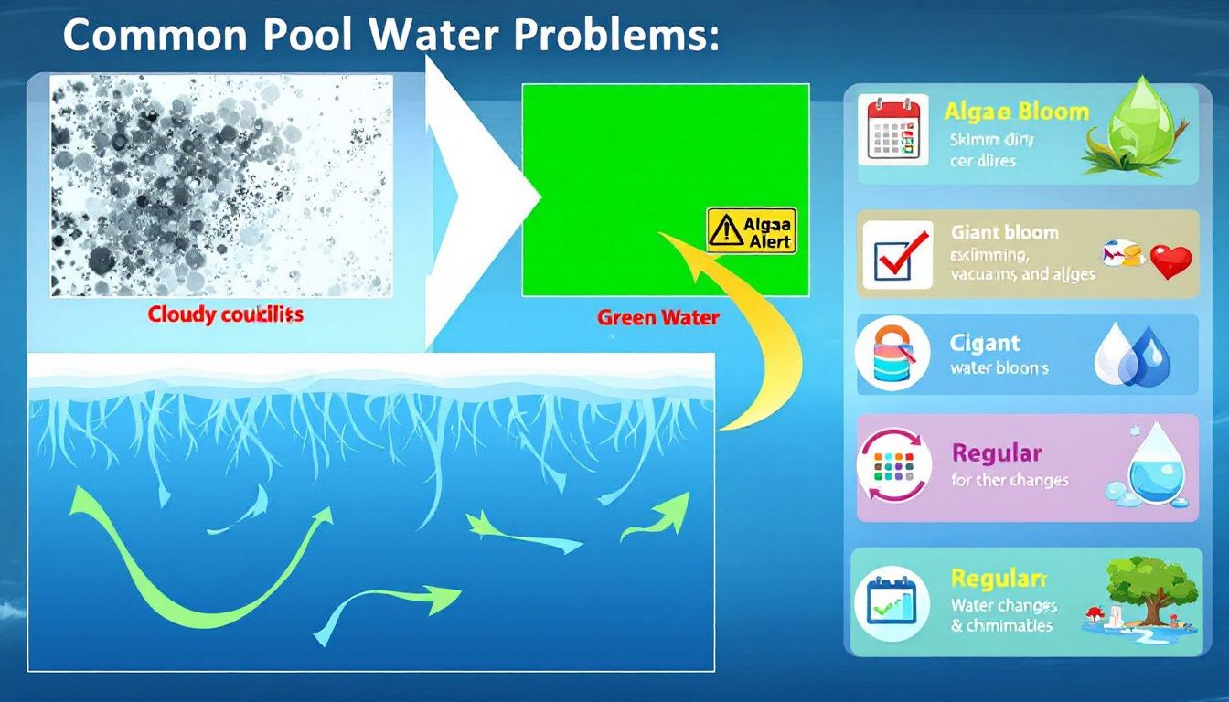 A visual representation of common pool water issues such as cloudy and green water, illustrating the importance of addressing these problems.