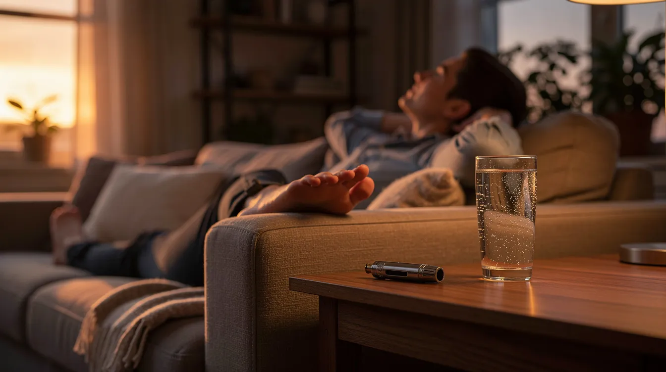 A person is comfortably relaxing on a couch bathed in warm evening light, with a small vape pen and a glass of sparkling water placed on a side table. The scene evokes a chill atmosphere, perfect for enjoying the calming effects of lemon cherry gelato, known for its sweet cherry and bright citrus flavors, ideal for unwinding after a long day.