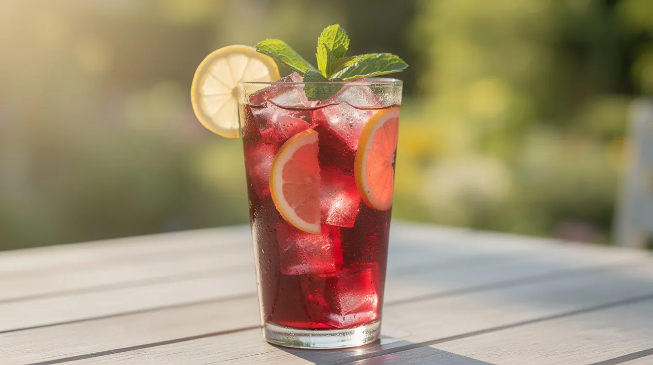Herbata z hibiskusa na zimno z lodem, cytryną i miętą