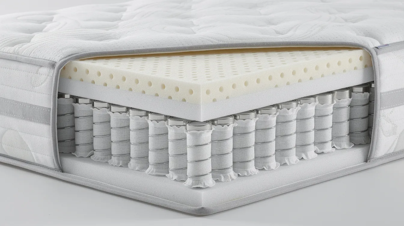 The image shows a close-up view of a mattress with multiple layers, highlighting the breathable foam and coil construction designed for optimal sleep quality. This innovative design helps hot sleepers maintain a neutral temperature, enhancing comfort and promoting restful sleep.