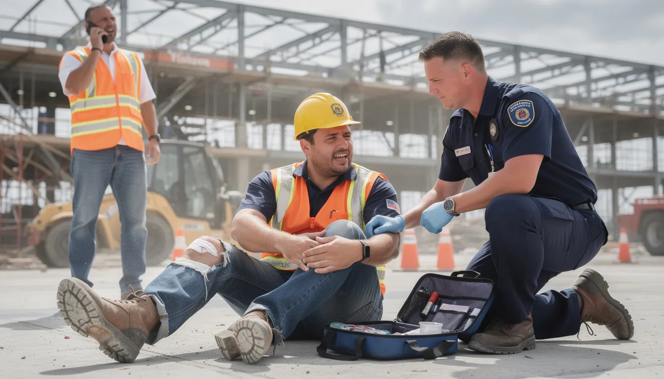 An injured construction worker is receiving medical attention at a workplace, highlighting the urgency of addressing workplace injuries. This scene underscores the importance of workers compensation benefits to cover medical expenses and lost wages for injured employees.