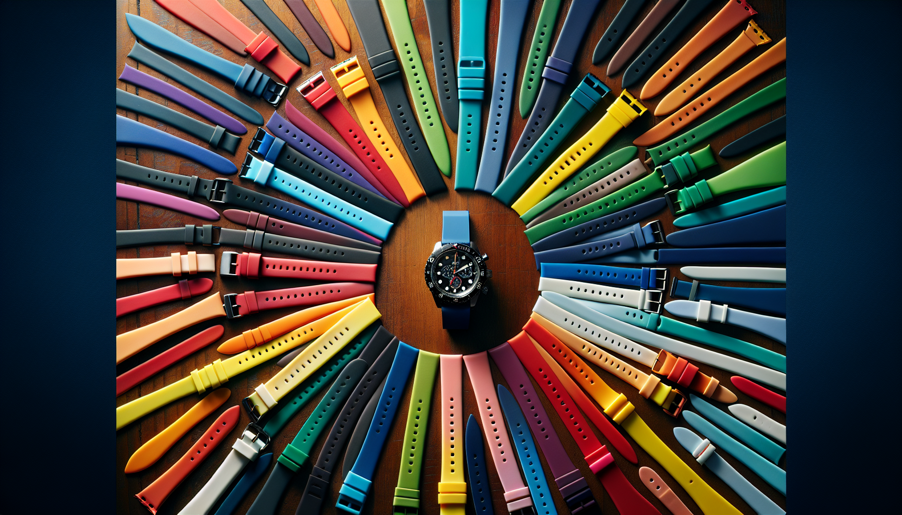 Various colorful rubber watch straps displayed on a table